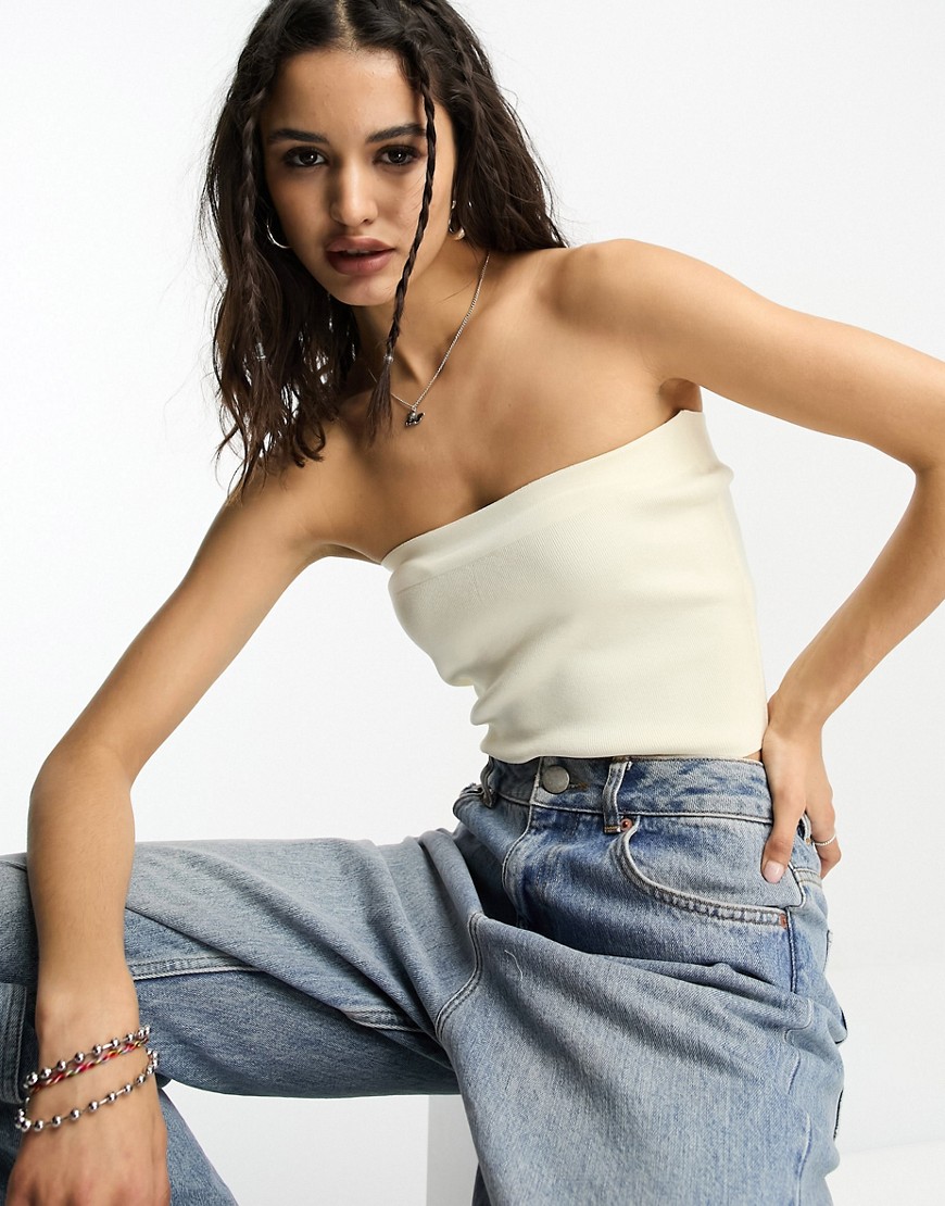 ASOS DESIGN knitted bandeau crop top in stone-Neutral