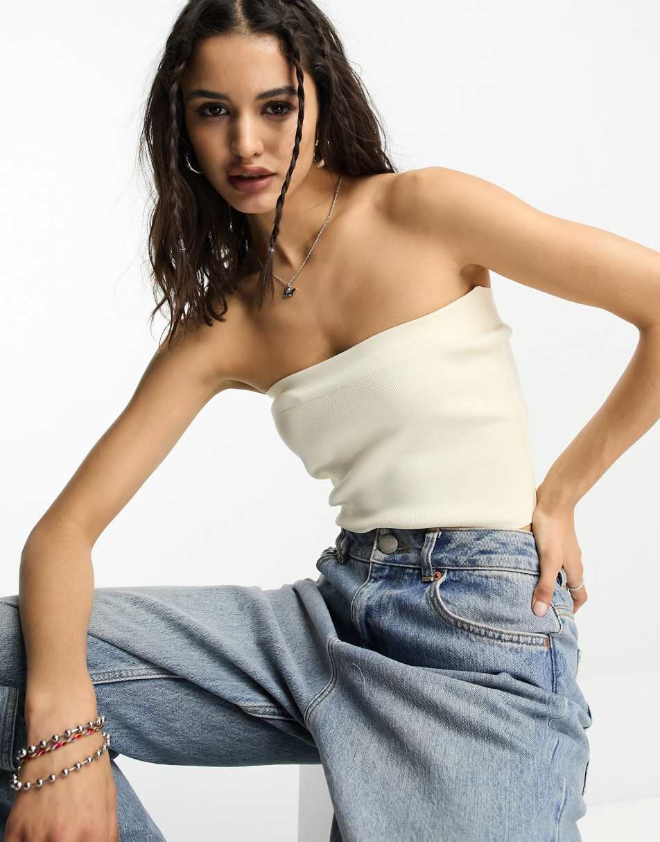 ASOS DESIGN knitted bandeau crop top in stone | vivatumusica.com