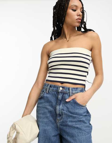ASOS DESIGN knitted bandeau crop top in stripe 