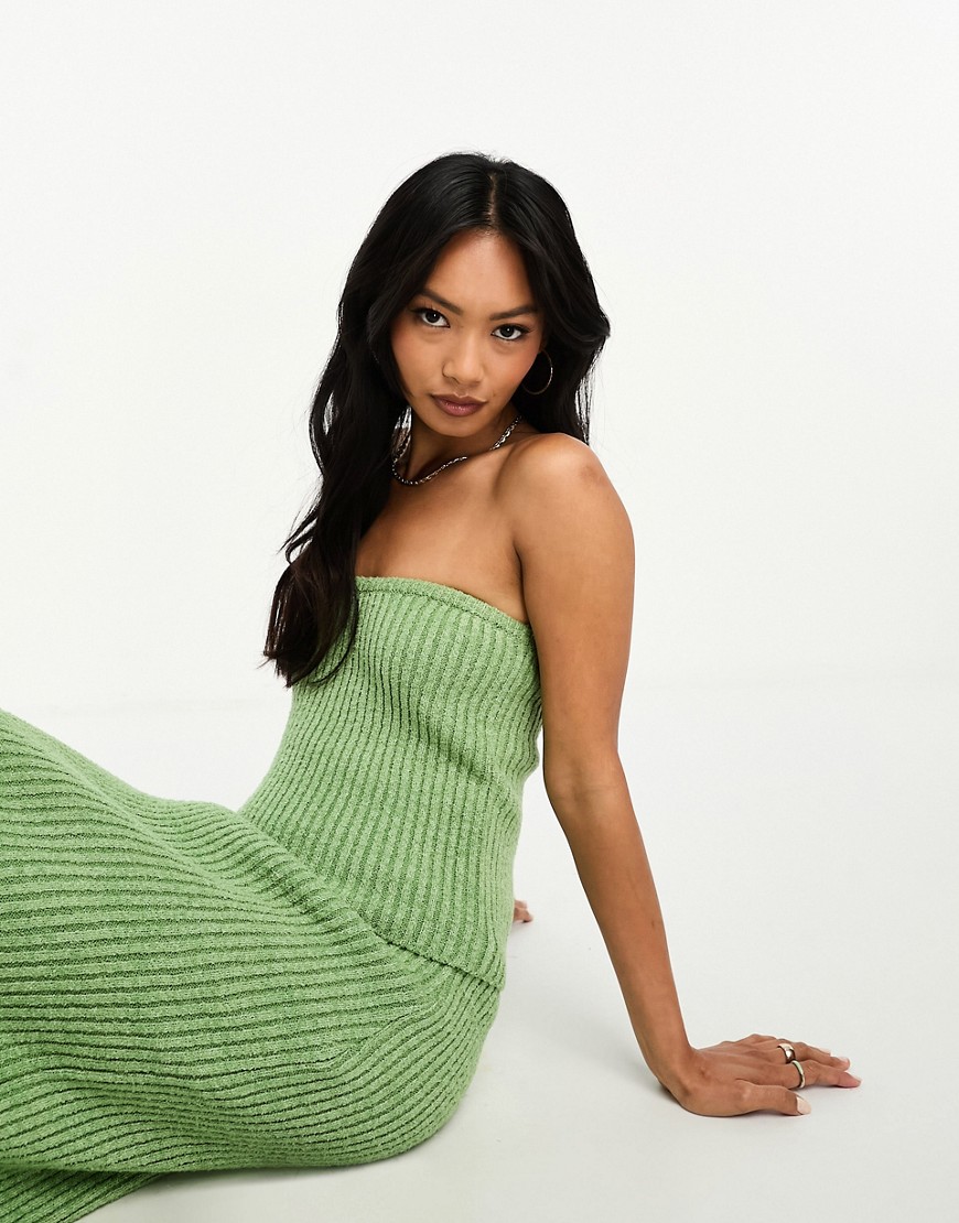 ASOS DESIGN knitted bandeau top in textured yarn in khaki-Green