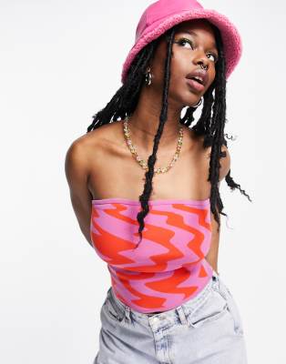 Asos Design Knitted Bandeau Top In Wavy Pattern-purple In Purple
