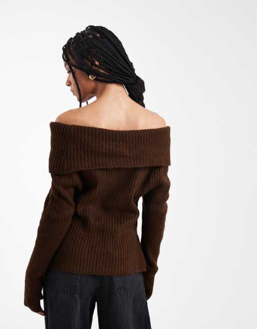 ASOS DESIGN knitted bardot jumper in brown, 3 of 4