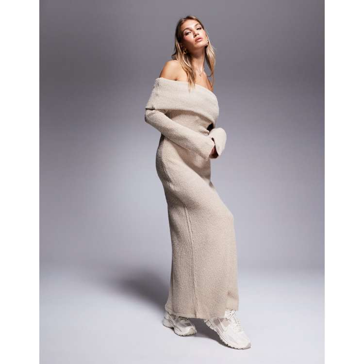 bardot off shoulder knit dress MISSGUIDED Twist Off-Shoulder Rib Knit Long Sleeves Bodycon Maxi Bardot  DressMISSGUIDED