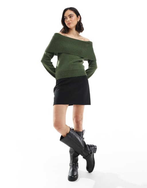 ASOS DESIGN knitted bardot sweater with rib detail in olive