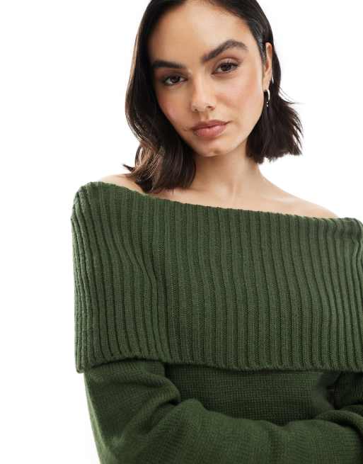 ASOS DESIGN knitted bardot sweater with rib detail in olive