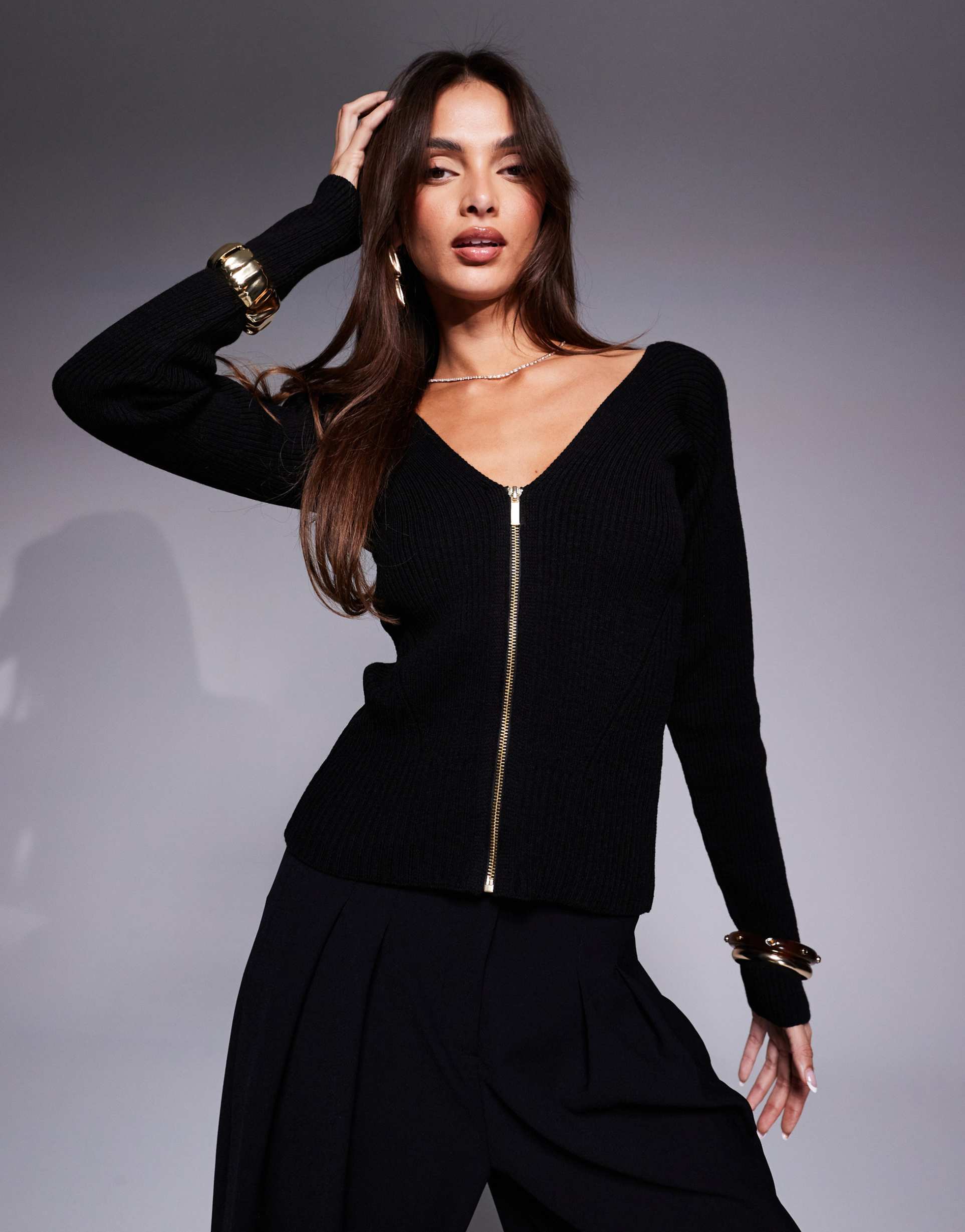 asos design knitted bardot zip through top in rib in black