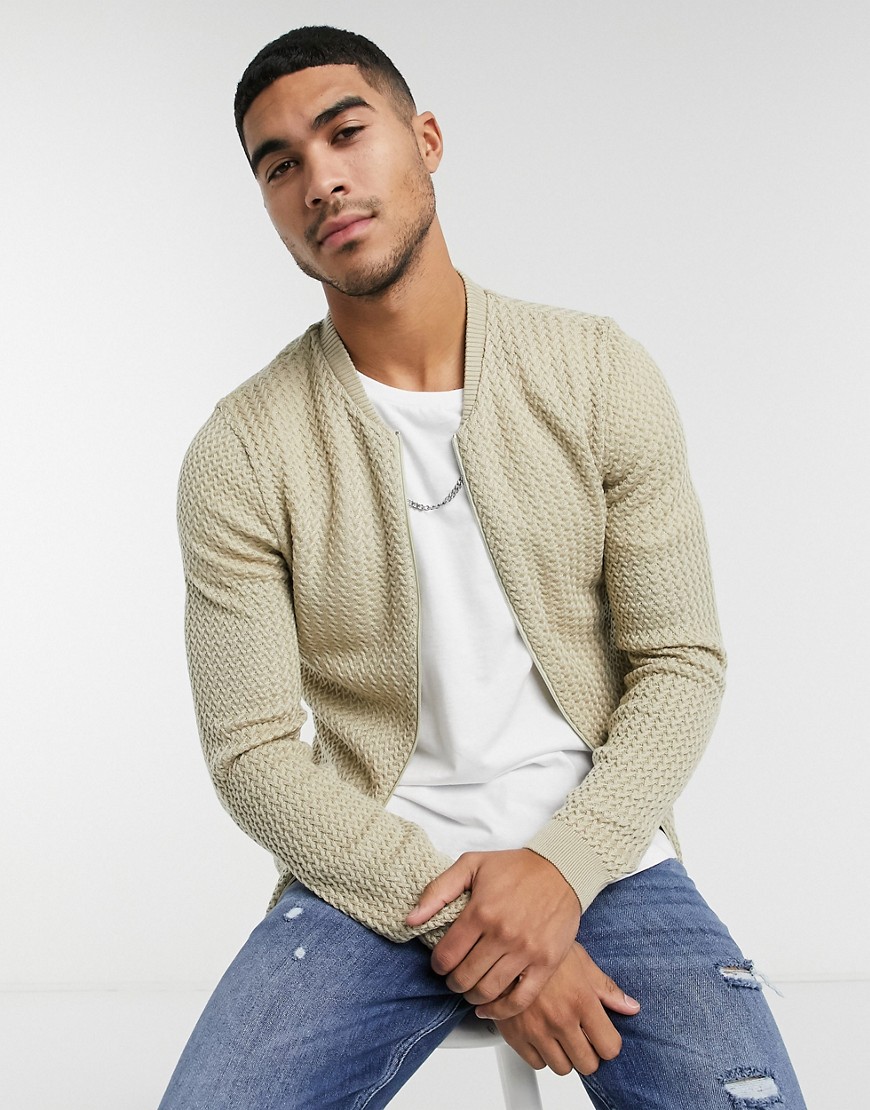 ASOS DESIGN knitted basket stitch bomber jacket in oatmeal-Neutral