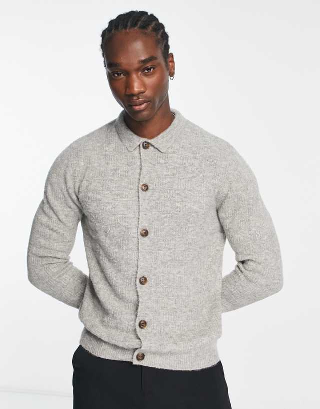 ASOS DESIGN knitted basket stitch button up polo in gray