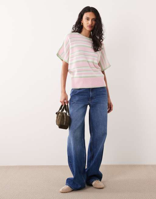 ASOS DESIGN knitted batwing jumper in green and pink stripe, 2 of 4