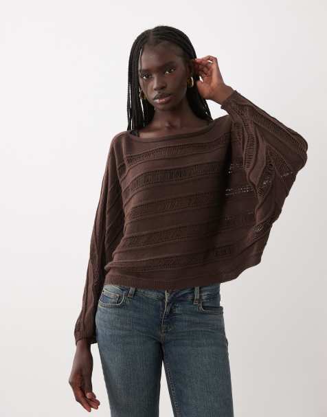 ASOS DESIGN knitted batwing ladder stitch jumper in chocolate brown - view 1