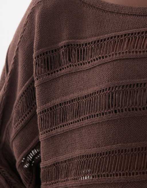 ASOS DESIGN knitted batwing ladder stitch jumper in chocolate brown, 2 of 4