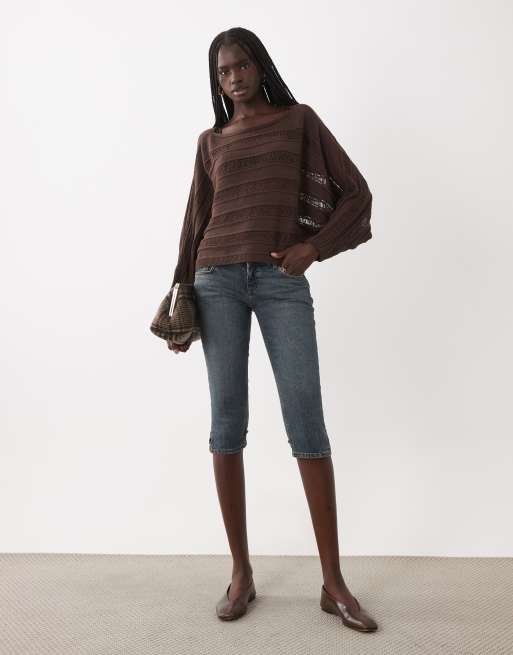 ASOS DESIGN knitted batwing ladder stitch jumper in chocolate brown, 3 of 4