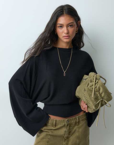 ASOS DESIGN knitted batwing waisted long sleeve top in black - view 1
