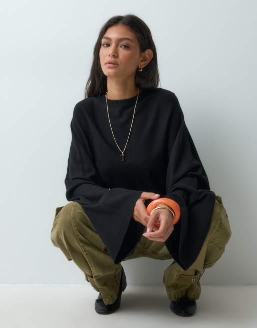 ASOS DESIGN knitted batwing waisted long sleeve top in black, 4 of 5