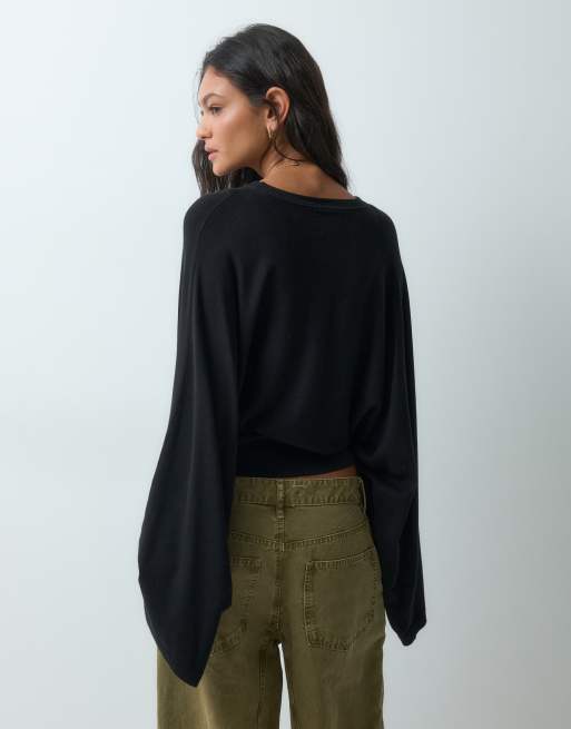 ASOS DESIGN knitted batwing waisted long sleeve top in black, 5 of 5
