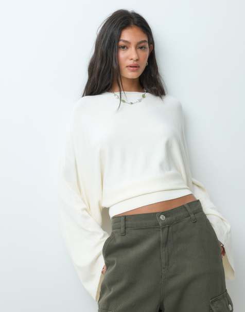 ASOS DESIGN knitted batwing waisted long sleeve top in cream - view 1
