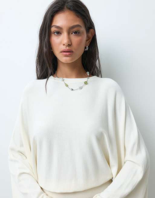 ASOS DESIGN knitted batwing waisted long sleeve top in cream, 3 of 5