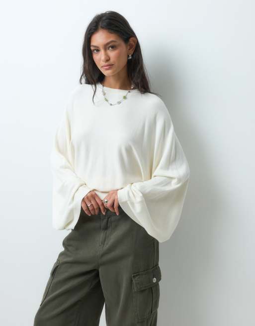 ASOS DESIGN knitted batwing waisted long sleeve top in cream, 5 of 5