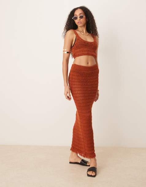 ASOS DESIGN knitted beach maxi skirt in rust - view 1