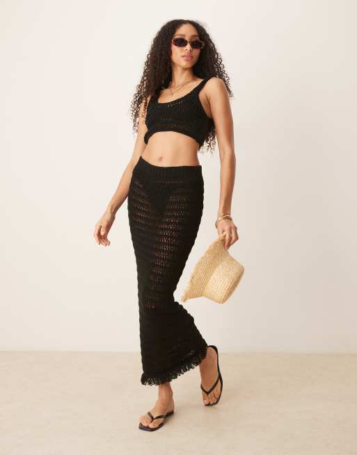 ASOS DESIGN knitted beach maxi skirt with fringe in black ASOS