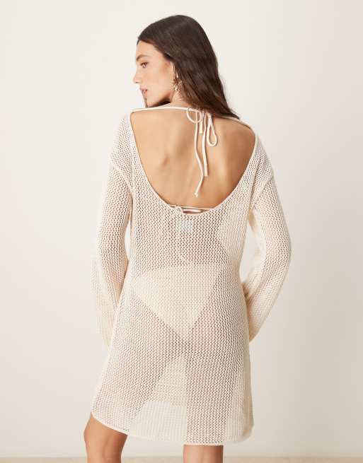 ASOS DESIGN knitted beach mini dress with 3D flowers in ecru, 3 of 4