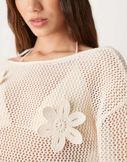 ASOS DESIGN knitted beach mini dress with 3D flowers in ecru, 4 of 4