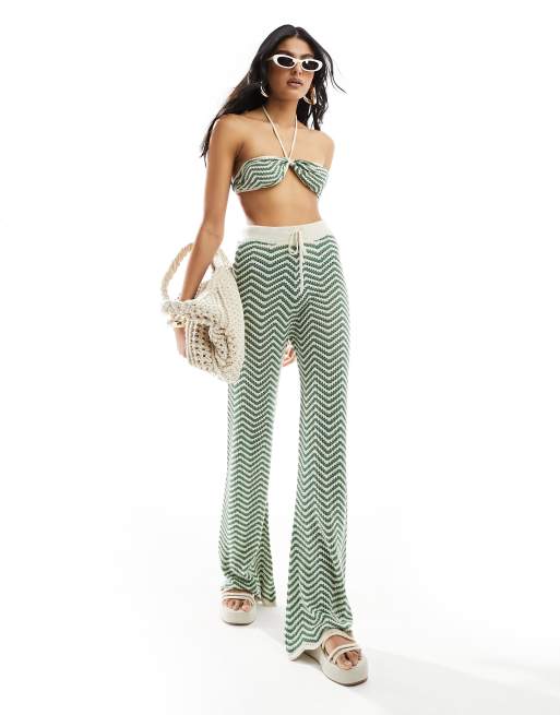 High Waist Straight Wide Leg Striped Design Knit Pants in White