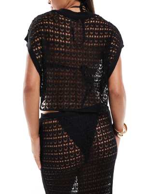 asos design knitted beach shirt in black - part of a set