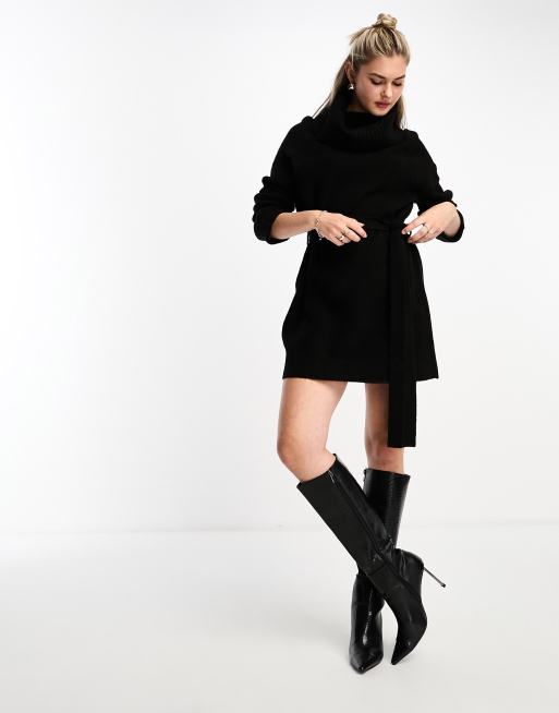 ASOS DESIGN knitted belted mini dress with roll neck in black