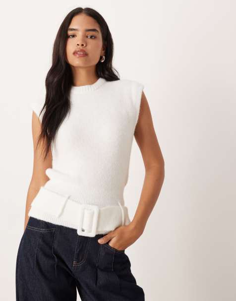 ASOS DESIGN knitted belted top with wool in ecru - view 1