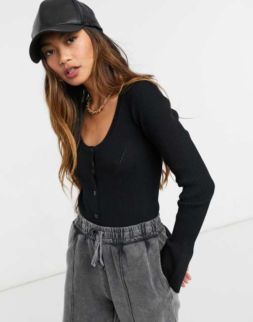 ASOS DESIGN knitted body with button front detail in black