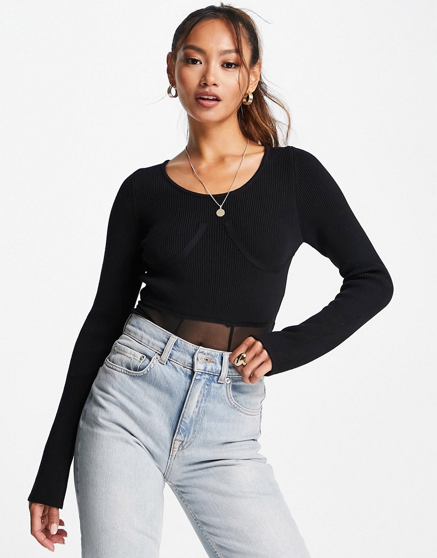 ASOS DESIGN knitted bodysuit with sheer panel and corset detail in black