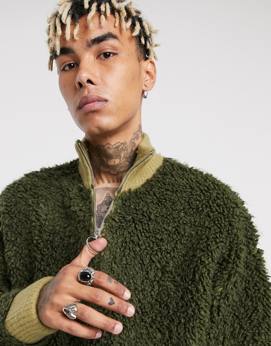 ASOS DESIGN knitted borg half-zip sweater in khaki-Green