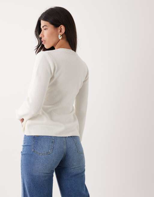 ASOS DESIGN knitted boucle cinched cardigan in ecru, 4 of 4