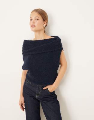 ASOS DESIGN knitted boucle fold over bardot top in navy
