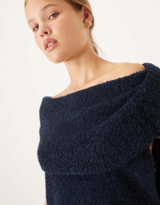 ASOS DESIGN knitted boucle fold over bardot top in navy, 3 of 4
