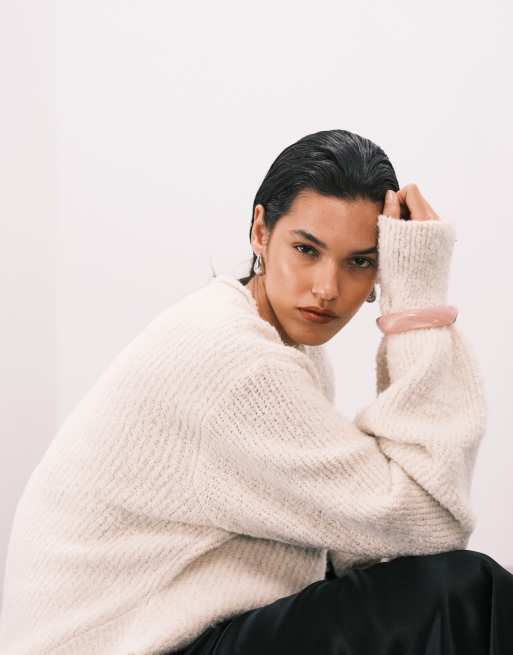 ASOS DESIGN knitted boucle oversized jumper in ecru, 3 of 4