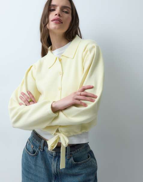 ASOS DESIGN knitted bow detail button up cardigan in butter yellow  - view 1