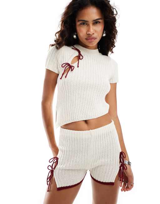ASOS DESIGN knitted bow detail top in cream (part of a set)