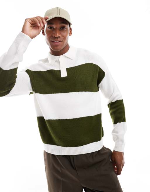 ASOS DESIGN knitted boxy relaxed fit rugby striped jumper in khaki and white, 3 of 4