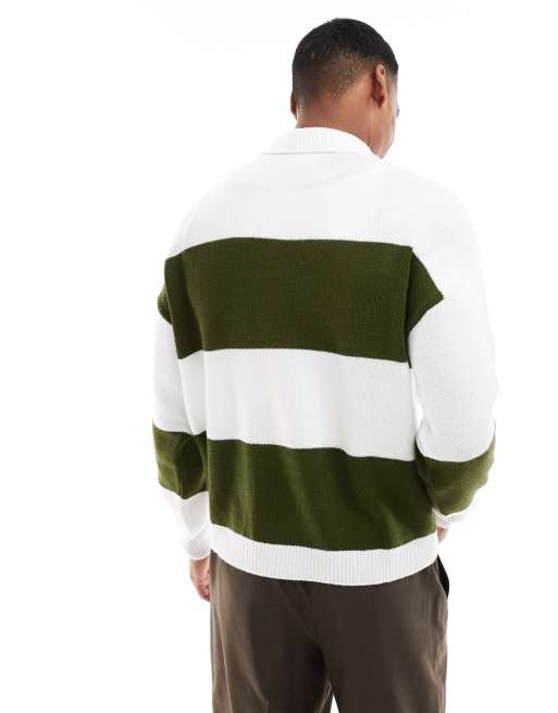 ASOS DESIGN knitted boxy relaxed fit rugby striped jumper in khaki and white, 4 of 4