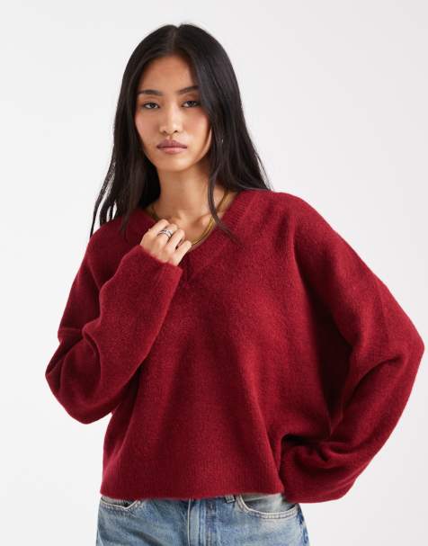 ASOS DESIGN knitted boxy v neck jumper in burgundy - view 1
