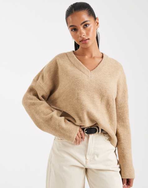 ASOS DESIGN knitted boxy v neck jumper in rye - view 1