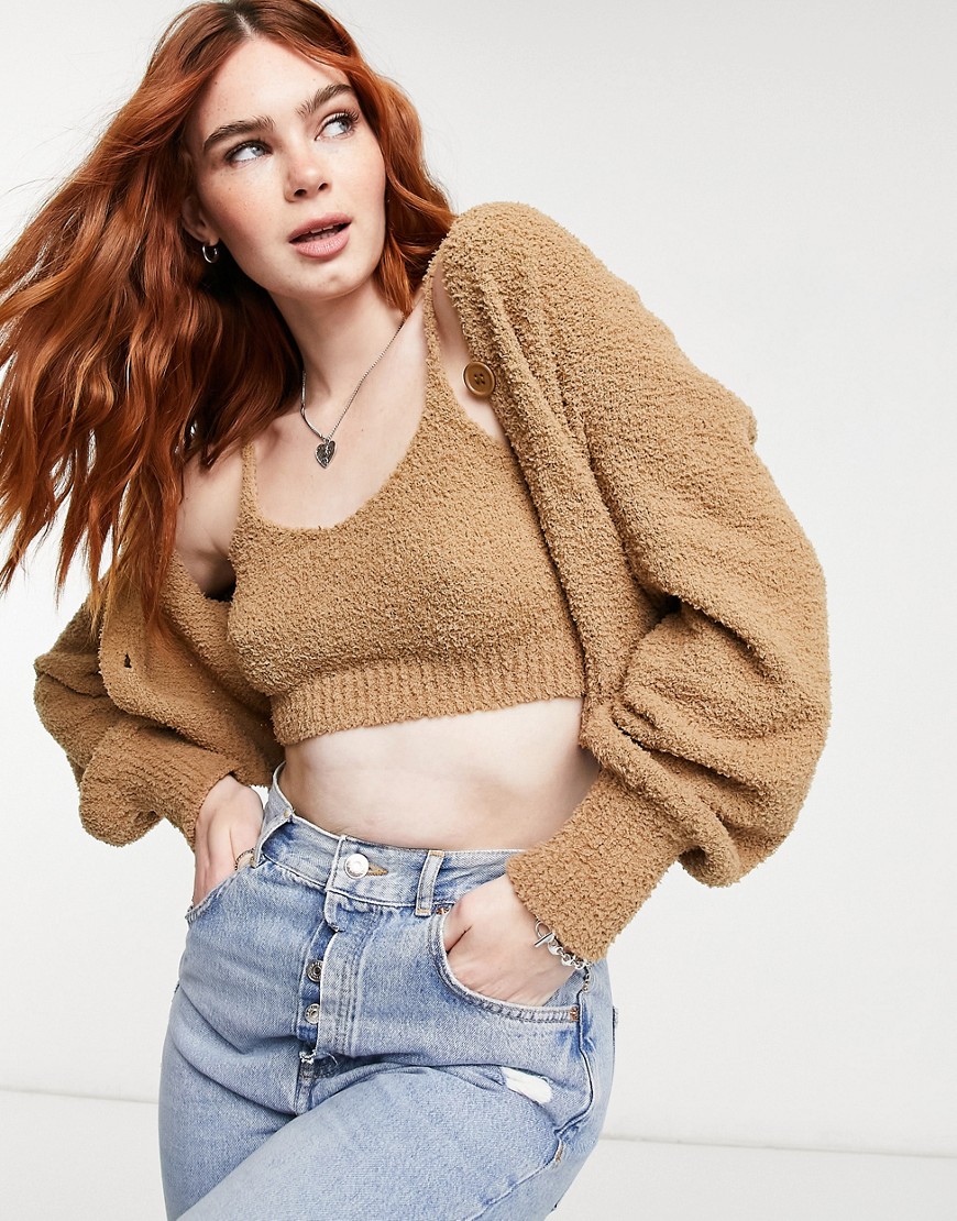 ASOS DESIGN knitted bralette in textured boucle yarn in camel - part of a set-Neutral