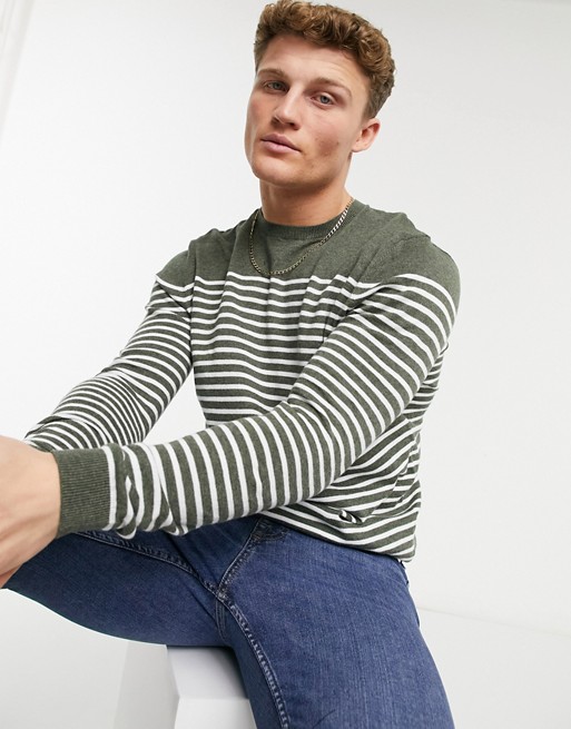 ASOS DESIGN knitted breton stripe jumper in khaki