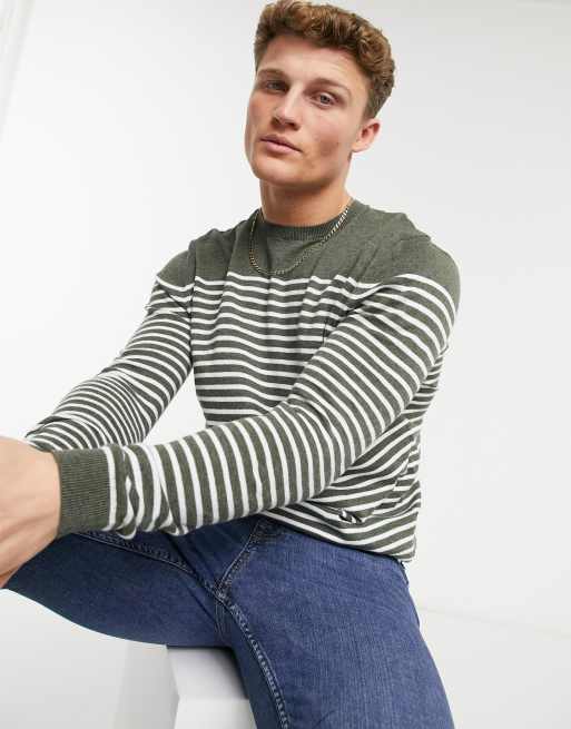 ASOS DESIGN knitted breton stripe sweater in khaki | ASOS