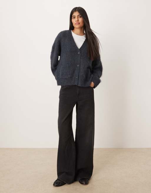 ASOS DESIGN knitted brushed boxy pocket cardigan in navy, 2 of 4