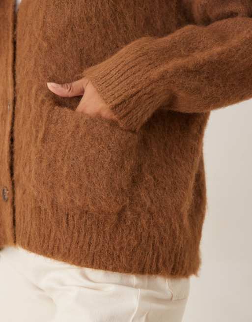 ASOS DESIGN knitted brushed boxy pocket cardigan in toffee, 3 of 4