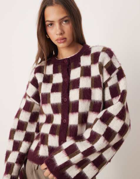 ASOS DESIGN knitted brushed cardigan in plum retro pattern - view 1