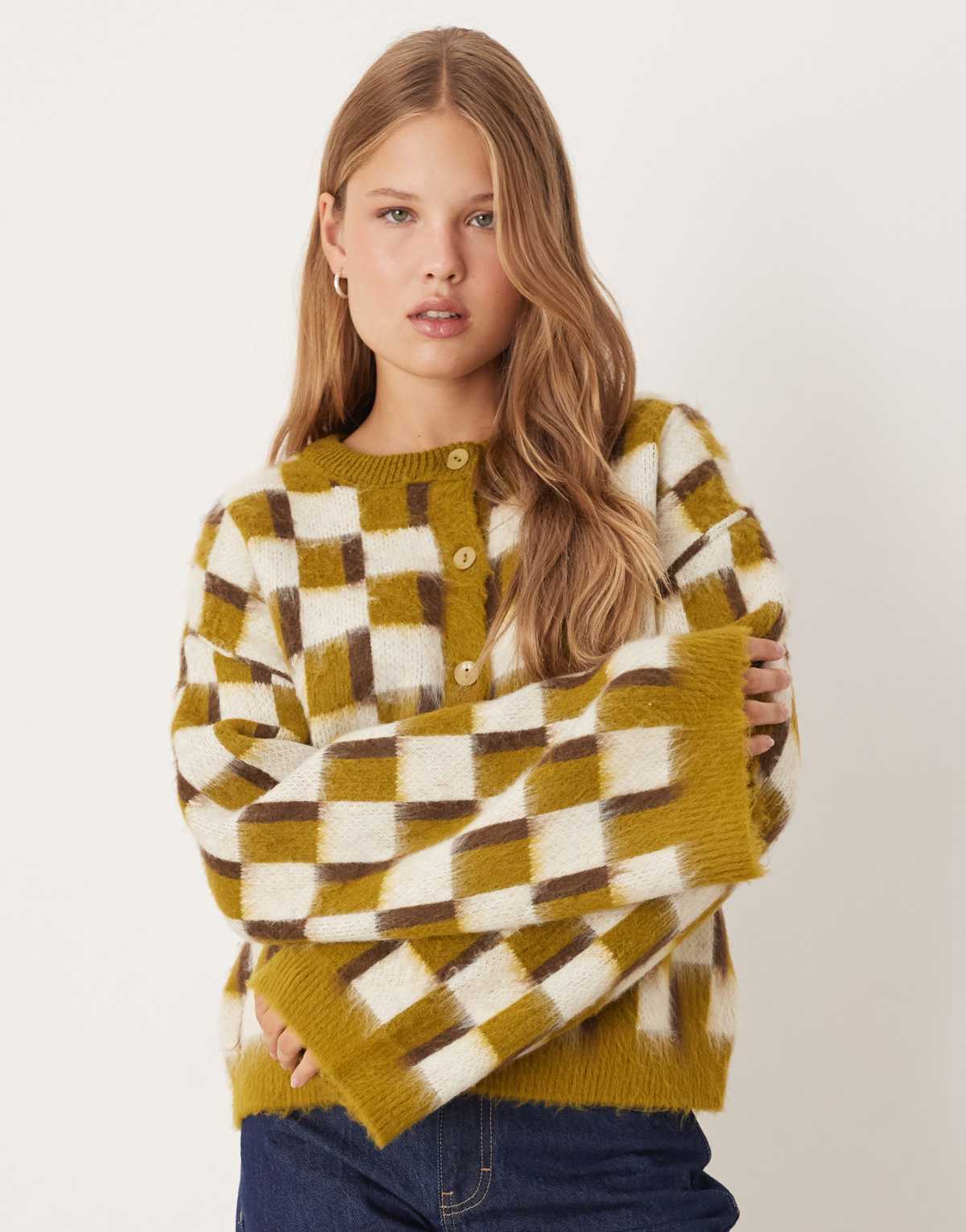ASOS DESIGN knitted brushed cardigan in retro pattern